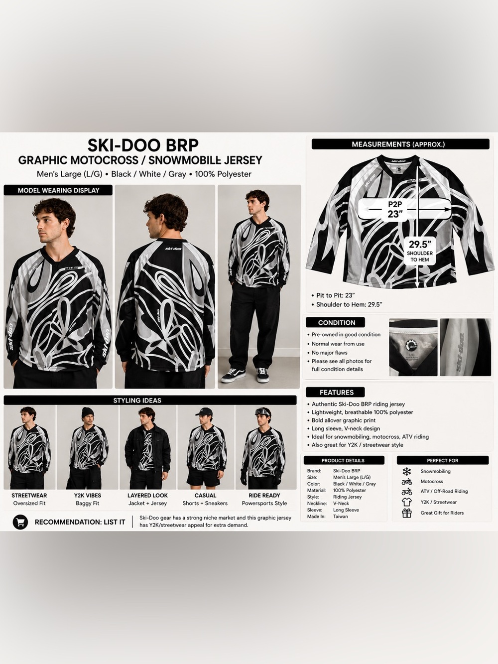 Ski-Doo BRP Graphic Motocross Jersey Men's Large Black White Snowmobile Riding